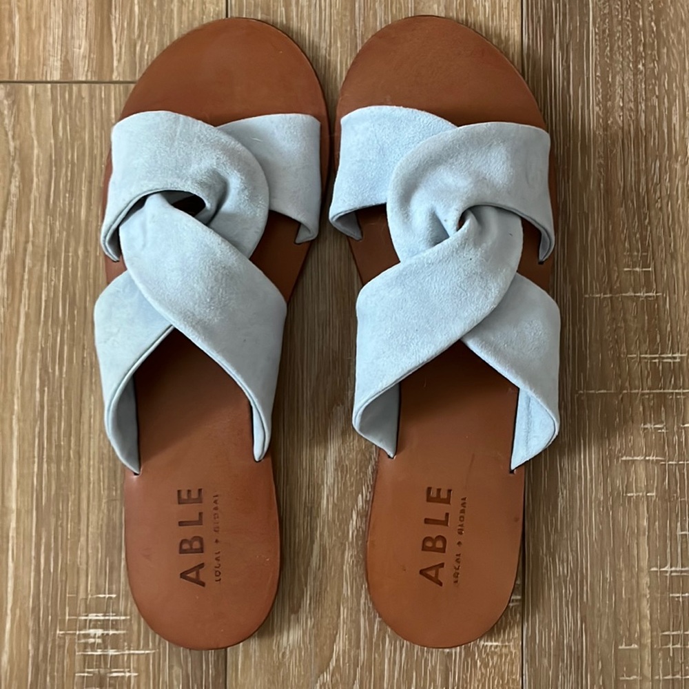ABLE Suze Sandals light ice blue suede twist strap leather sole